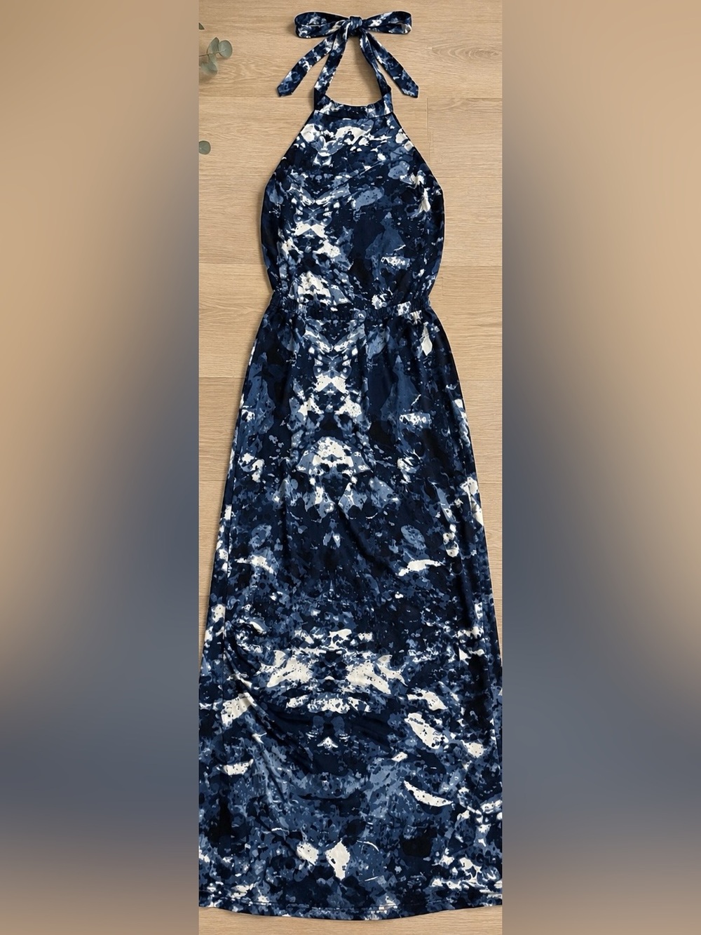 Veronica M Navy Blue & White Abstract Halter Maxi Dress- XS